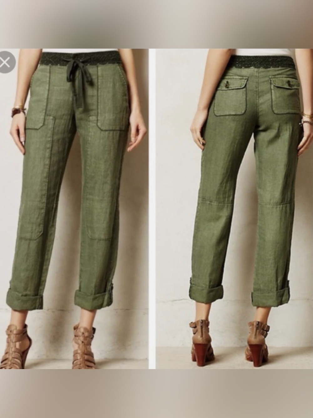 Anthropologie Hei Hei Laced Linen Cargo Pants Utility Green Trouser Size 29 EUC